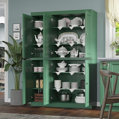 Palace Imports Solid Wood Kitchen Pantry Cabinet 71.5" Tall, 48.5" Wide – Freestanding Storage Cupboard with Adjustable Shelves – Green, Renewable Eco-Friendly 100% Wood, Made in Brazil