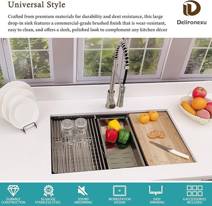 32x19 Undermount Kitchen Sink, Delironexu 32 Inch Kitchen Sink Workstation, 16 Gauge 304 Stainless Steel Undermount Kitchen Sink Single Bowl with Accessories
