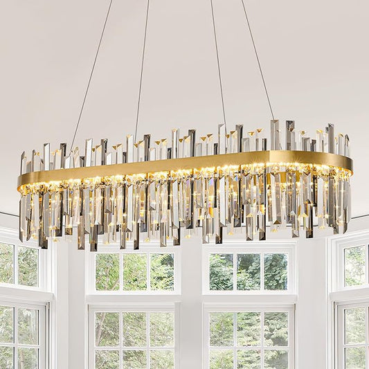 Gold Led Modern Crystal Chandelier: 39.3" Rectangle Linear 3 Color Dimmable Chandeliers for Dining Room Over Table-Luxury Rectangular Contemporary Oval Light Fixture for Living Room Bedroom Foyer