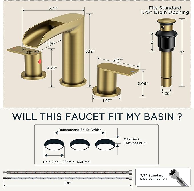 FORIOUS Gold Bathroom Faucet, Waterfall Bathroom Faucet for Sink 3 Hole with Easy Install Pop-Up Drain and Water Supply, 8 Inch Widespread for Vanity, Camper,Restroom