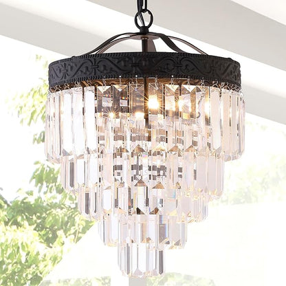 JONATHAN Y 12" Bronze/Clear 2-Light LED Chandelier, Modern Tiered Pendant Light Fixture for Dining Room, Bedroom, Entryway with Clear Faceted Crystal Shade (JYL9006B)