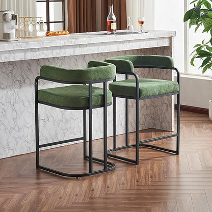 Modern Chenille Bar Stools Set of 2, Upholstered Counter Height Chairs with Metal e Armrests, Soft Chenille Fabric Bar Chairs for Kitchen Island, Dining Room, Home Bar,Green