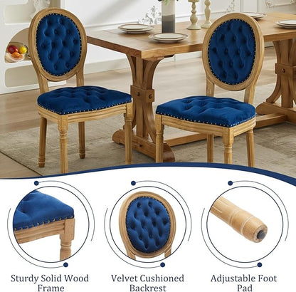 Velvet Dining Chairs Set of 6, Vintage Wooden Dining Chair with Solid Wood Legs, Upholstered Farmhouse Kitchen Chair for Living Room, Restaurant, Bedroom (Blue, Set of 6)