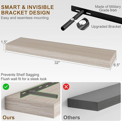 Fun Memories Floating Shelves for Wall, 32Inch Floating Shelves Set of 2, Hanging Shelf with Invisible Brackets, Wood Shelves for Living Room, Bedroom, Kitchen, Grey