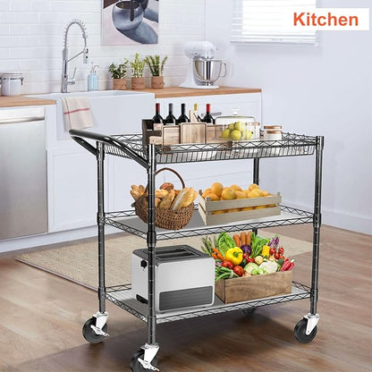 BolDuck Heavy Duty Utility Cart, 990Lbs Capacity 3 Tier Rolling Carts with Wheels, Kitchen Cart on Wheels with Storage, Commercial Grade Metal Serving Carts with Wire Shelving &Handle Bar, Black