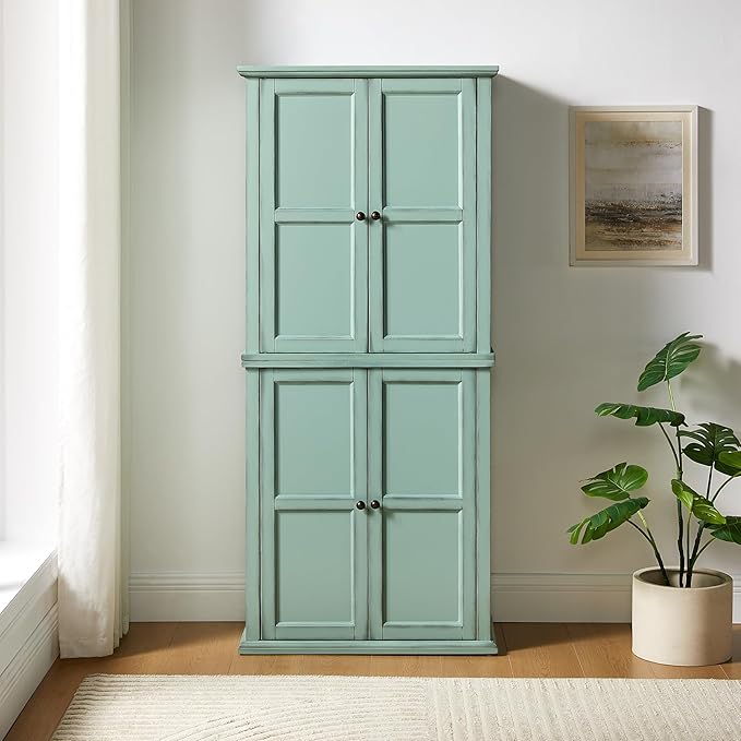 Crosley Furniture Holbrook Traditional Tall Kitchen Pantry, Laundry Room Cabinet, Bathroom Storage Cabinets, Distressed Seafoam Blue