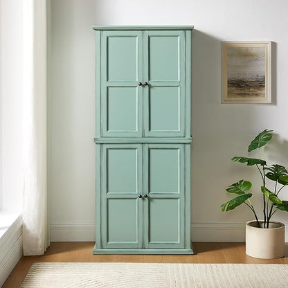Crosley Furniture Holbrook Traditional Tall Kitchen Pantry, Laundry Room Cabinet, Bathroom Storage Cabinets, Distressed Seafoam Blue