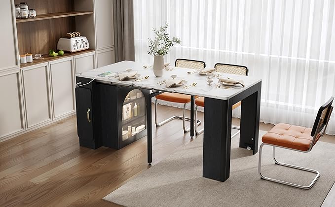 LifeSky Extendable Dining Table with Power Outlet & LED Light: Smart Expandable Kitchen Island Table with Storage Cabinet & Wheels for Small Space - Modern Furniture for Tech Enthusiasts & Urban Livin