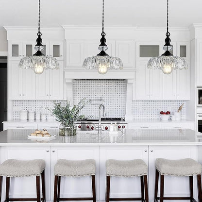 CVKASH Vintage Glass Pendant Light Fixture Black Modern Adjustable Chandelier Hanging Light for Farmhouse Dining Room Kitchen Bedroom Hallway Island