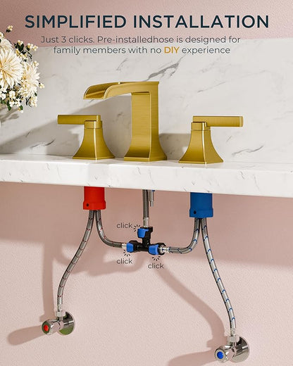 FORIOUS Waterfall Brushed Gold Bathroom Faucet 3 Hole Vanity, Two Handle Brass Gold Faucet for Bathroom Sink Widespread 8 Inch with Metal Pop-up Drain and CUPC Pre-Assembled Hose