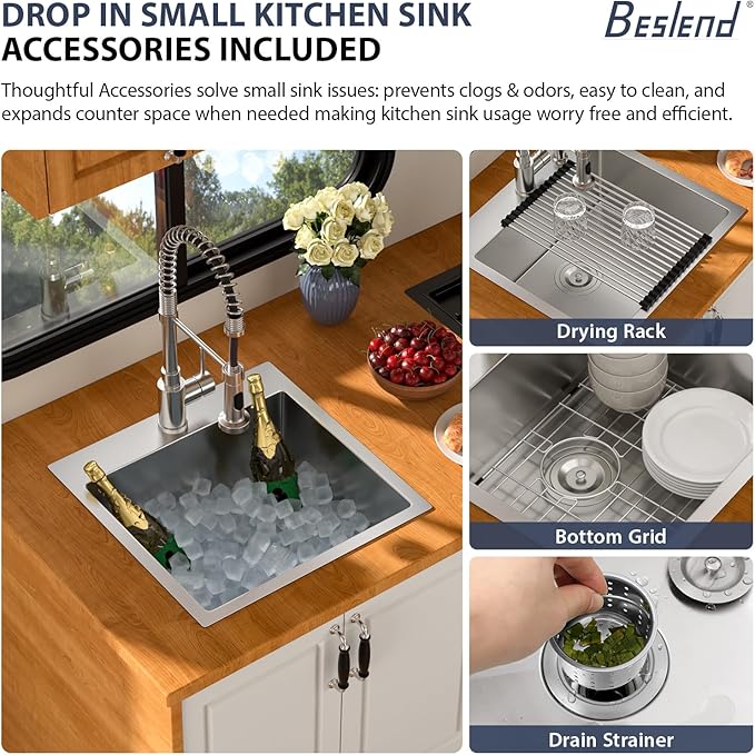 18 Outdoor Kitchen Sink - Beslend 18x18 Outdoor Sink Bar Sink RV Sinks Drop In, 16 Gauge Stainless Steel Topmout Kitchen Sinks Wet Bar Sinks Square Single Bowl Above Counter Indoor Outdoor