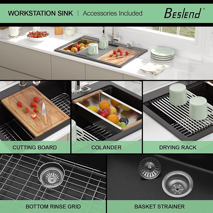 33 Granite Composite Kitchen Sink - Beslend 33x22 Drop In Black Kitchen Sink, Topmount Granite Luxury Above Counter Worksation Black Sinks Easy Clean Quartz Dish Basin for Kitchen Remodel