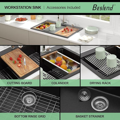 33 Granite Composite Kitchen Sink - Beslend 33x22 Drop In Black Kitchen Sink, Topmount Granite Luxury Above Counter Worksation Black Sinks Easy Clean Quartz Dish Basin for Kitchen Remodel