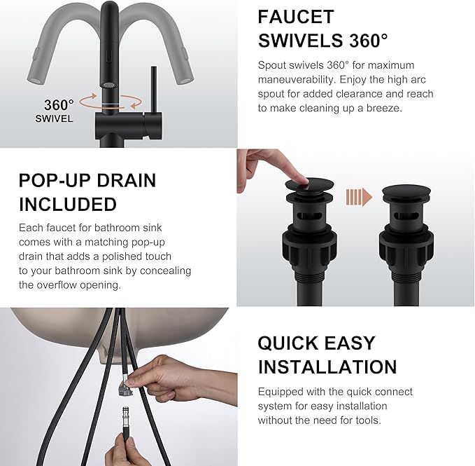 KENES Matte Black Tall Bathroom Faucet with Pull Out Sprayer, Pull Down Vessel Sink Faucet 1 Hole, Single Handle High Vanity Faucet with Pop Up Drain & Supply Lines, LJ-9065A-2