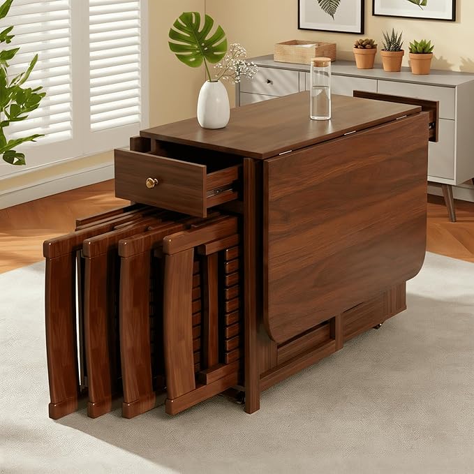 Folding Dining Table and Chairs - 59" Fully Assembled Drop Leaf Table 4-6 Seater with Storage and Lockable Wheels, Space-Saving Set with 4 Chairs for Kitchen or Dining Room (Walnut)