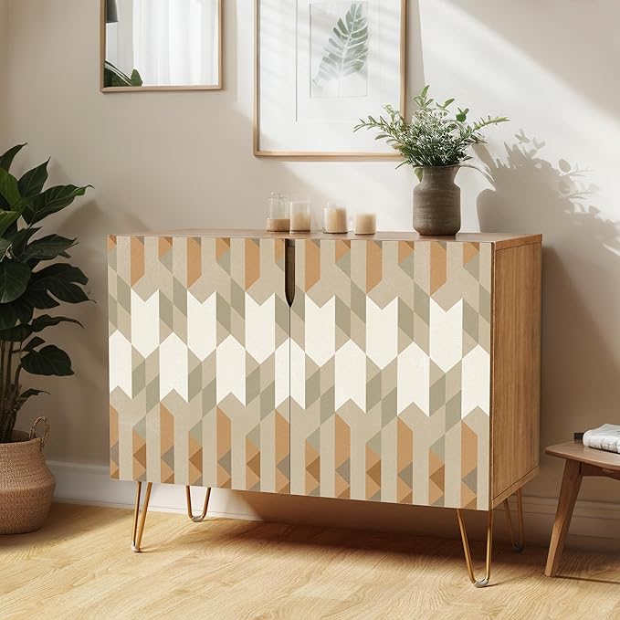 SIGNWIN Sideboard Buffet Cabinet, Kitchen Storage Cabinet with 2 Doors, Gray & Brown Geometric Polygons, Cupboard Console Table for Dining Room - 35" L x 18" W x 29" H