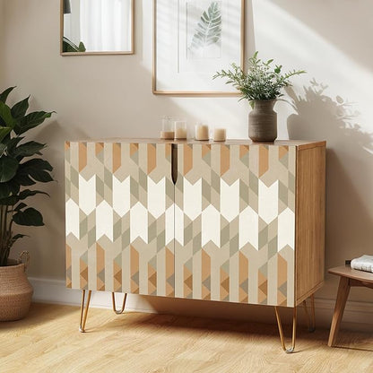 SIGNWIN Sideboard Buffet Cabinet, Kitchen Storage Cabinet with 2 Doors, Gray & Brown Geometric Polygons, Cupboard Console Table for Dining Room - 35" L x 18" W x 29" H