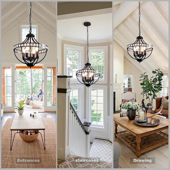 c Chandeliers，Farmhouse Ceiling Chandelier Rustic Vintage Black Pendant Hanging Lighting for Dining Room Living Room Entryway Kitchen Island Bedroom Foyer Lighting（4-Light）