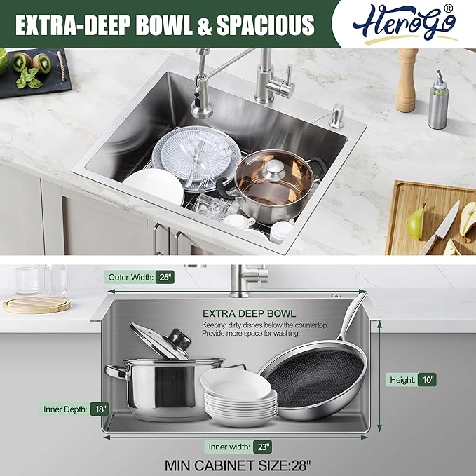 25x22Inch Drop In Kitchen Bar Sink, Herogo Stainless Steel Handmade 10'' Deep Topmount Single Bowl Kitchen Workstaion Rv Sink Basin for Laundry Room Utility with Accessories