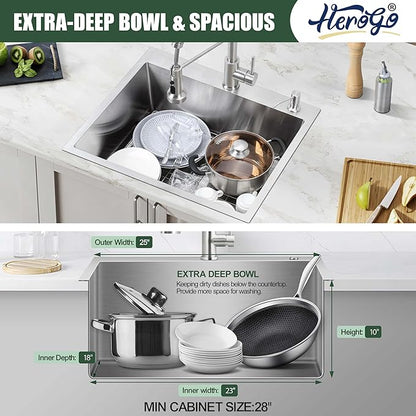 25x22Inch Drop In Kitchen Bar Sink, Herogo Stainless Steel Handmade 10'' Deep Topmount Single Bowl Kitchen Workstaion Rv Sink Basin for Laundry Room Utility with Accessories