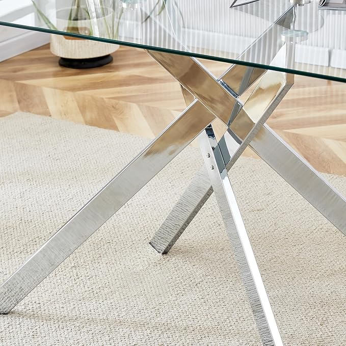 51inch Modern Glass Dining Table for 4, Kitchen Dining Room Table for 4, 0.32" Rectangular Tempered Glass Tabletop and Silver Metal Legs,Rectangle Dinner Tables for Kitchen, Dining Room