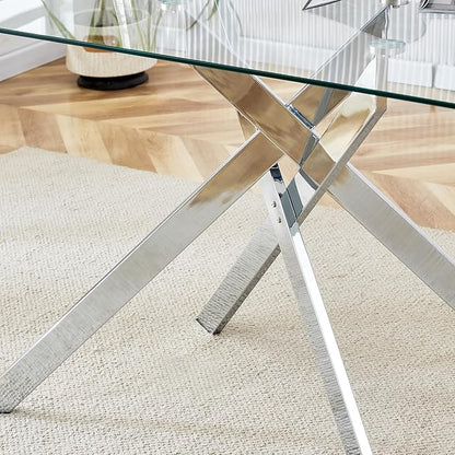 51inch Modern Glass Dining Table for 4, Kitchen Dining Room Table for 4, 0.32" Rectangular Tempered Glass Tabletop and Silver Metal Legs,Rectangle Dinner Tables for Kitchen, Dining Room