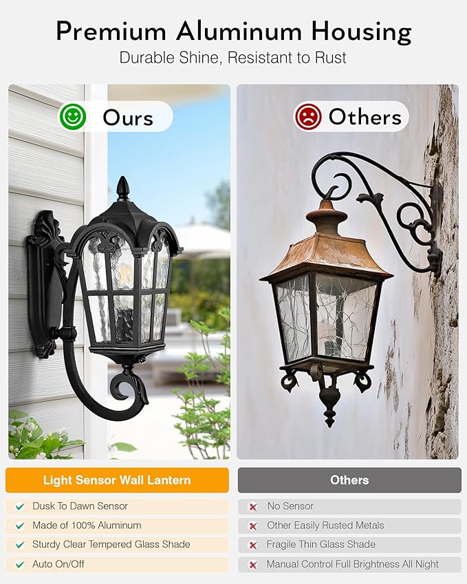VIANIS Black Dusk to Dawn Outdoor Lighting, Vintage Outdoor Sconce Lights with Water Ripple Glass, 100% Aluminium Anti-Rust Waterproof Patio Wall Light Fixture, Outside Porch Lantern for House Garage