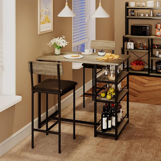 Bar Table Set for 2 with 3 Storage Shelves, Space-Saving Kitchen Table & Chairs with PU Cushions, Thick MDF Wood Top and Steel Frame for Apartment and Bistros - Retro Grey
