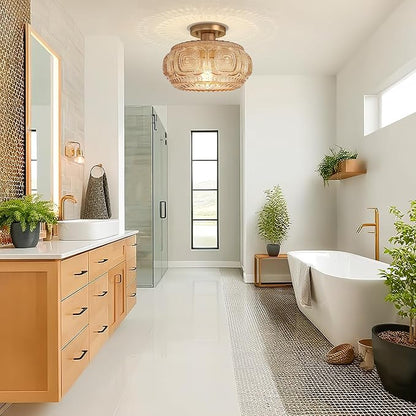 Semi Flush Mount Ceiling Light, Upgraded Larger Amber Glass Ceiling Light Fixture, Vintage Lighting for Hallway Kitchen Bedroom Dining Room, Bulb Not Included