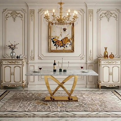 70" Faux Marble Dining Table for 6-8 People, Modern Rectangular Kitchen Table with Gold Mirror Finish Stainless Steel Base, Large Dining Room Table (Gold + Grey, Type2 + 70" Rectangle)