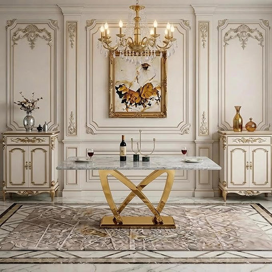 70" Faux Marble Dining Table for 6-8 People, Modern Rectangular Kitchen Table with Gold Mirror Finish Stainless Steel Base, Large Dining Room Table (Gold + Grey, Type2 + 70" Rectangle)