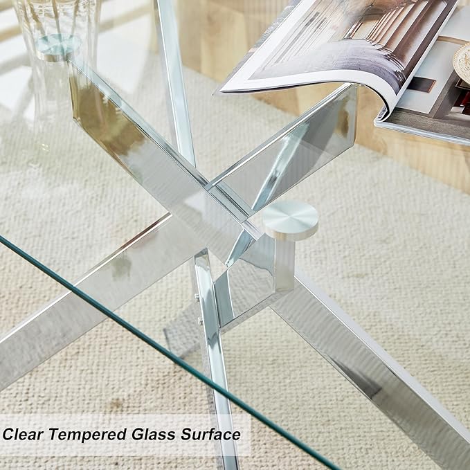 Dining Table with Tempered Glass Top, Modern Glass Dining Room Table Rectangle, Chrome Silver Geometric Metal Leg, Kitchen Table 51" L x 29.5" W x 30" H, Silver
