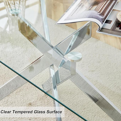 Dining Table with Tempered Glass Top, Modern Glass Dining Room Table Rectangle, Chrome Silver Geometric Metal Leg, Kitchen Table 51" L x 29.5" W x 30" H, Silver