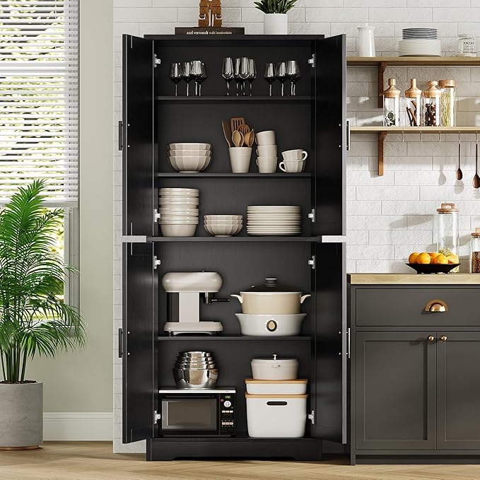 GarveeHome 70 in Tall Kitchen Pantry Cabinet, Freestanding Storage Cabinet with 4 Doors and Adjustable Shelves, Utility Cupboard for Dining Room, Living Room, Bathroom, Black