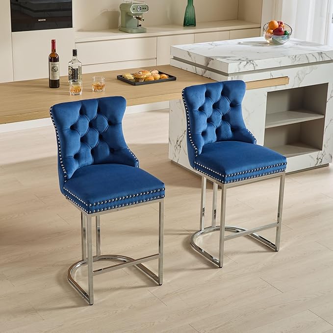 25" Counter Height Bar Stools Set of 2, Modern Velvet with Button Back Rivet Trim Upholstered Kitchen Island Chairs with Sturdy Chromed Metal Base Legs Farmhouse Bar Stools, (Blue,2 Pack)