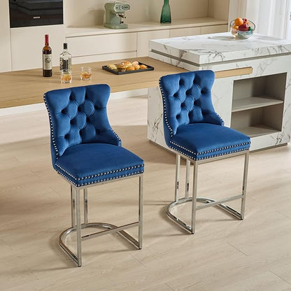 25" Counter Height Bar Stools Set of 2, Modern Velvet with Button Back Rivet Trim Upholstered Kitchen Island Chairs with Sturdy Chromed Metal Base Legs Farmhouse Bar Stools, (Blue,2 Pack)