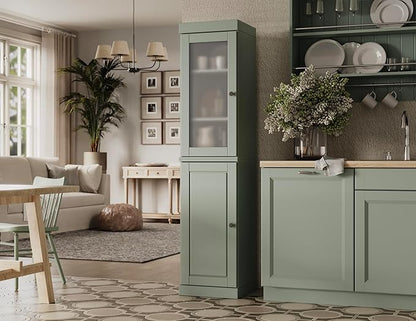 Palace Imports Solid Wood Kitchen Pantry - Narrow Storage Cabinet - 16.5" Wide x 71.5" Tall - 1 Raised Panel & 1 Frosted Glass Door, Sage, Adjustable Shelves, 100% Eco-Friendly Wood, Modular Cabinets