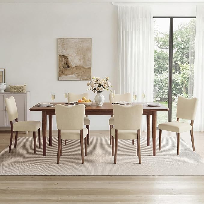 KISLOT Upholstered Dining Chairs Set of 6, Modern Velvet Kitchen Chairs with Solid Wood Legs, High Back Wooden Dining Room Chairs with Dark Walnut Color Legs for Farmhouse Kitchen Dining Room, Linen