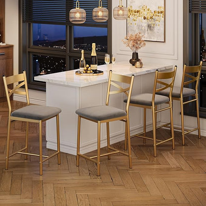 Bar Stools Set of 4, Counter Height Bar Stools with PU Upholstered Seat & Back – Modern Kitchen Island Bar Chairs with Footrest for Apartment & Dining Bar, Gold