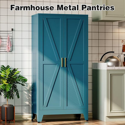 Bevivog 61" Farmhouse Metal Storage Cabinet with 2 Doors and 3 Adjustable Shelves, Tall Bathroom Cabinet Freestanding, Blue Metal Pantry Cabinets for Kitchen, Living Room, Home Office