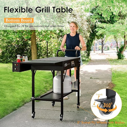 Leteuke Grill Cart for Blackstone Griddle, Portable Outdoor Grill Table, Foldable Cart Table with Wheels for Ninja, Griddle Stand Fit 17 Inch Or 22 Inch, BBQ Prep Tables with Seasoning Tray