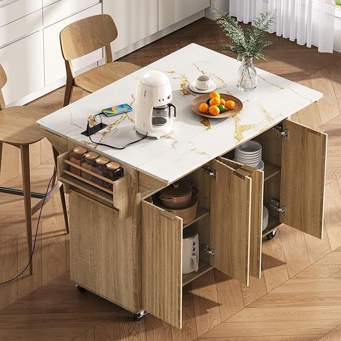 Modern Dining Table Kitchen Island with 2 Drop, Cart Power Outlet, 4 Doors Spice Rack, Rolling Table Faux Marble Top, Curved Edge Wood Console,Natural-MDF