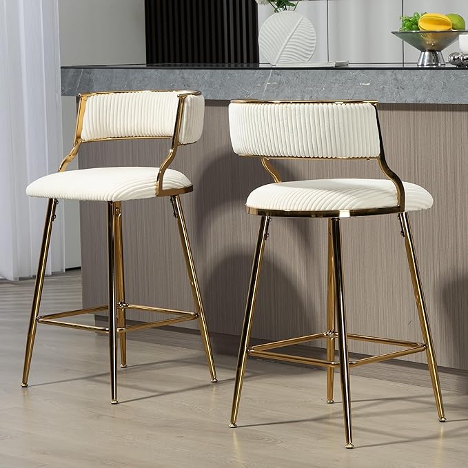 (Set of 2) 26'' Counter heightstools Corduroy Kitchen Island Counter Stool with Back,Golden Chromed Base and footrest,for Living Room