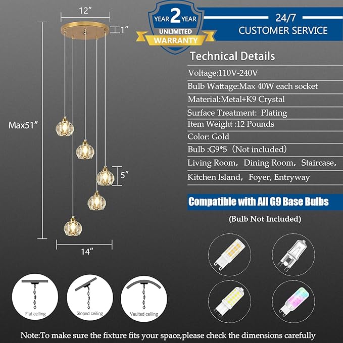 Weesalife Crystal Chandeliers for Dining Room Lights Fixture Over Table, 5-Light Gold Modern Pendant Light Fixture，Crystal Chandeliers for Living Room Kitchen Island Staircases Foyer Hallway Bar