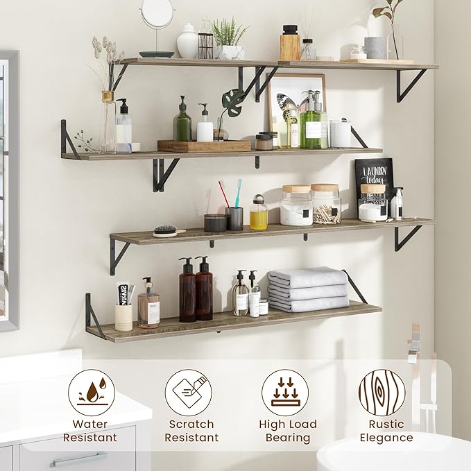 8" Deep Floating Shelves for Wall,16 inch Wood Wall Shelves Set of 2,Wide Floating Bookshelf with Sturdy Metal Brackets,Hanging Storage Floating Shelf for Living Room,Bedroom,Bathroom,Office,Grey
