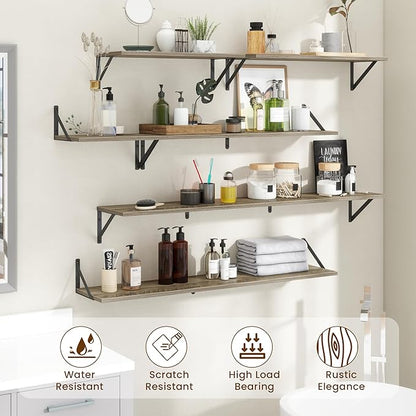 8" Deep Floating Shelves for Wall,16 inch Wood Wall Shelves Set of 2,Wide Floating Bookshelf with Sturdy Metal Brackets,Hanging Storage Floating Shelf for Living Room,Bedroom,Bathroom,Office,Grey