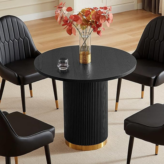 AF ARTISAN FURNITURE Round Dining Table for 4, 35.04" Farmhouse Kitchen Table, One-Piece Solid Wood Top with Gold Stainless Steel Base, Small Circle Dining Table for Kitchen & Living Room, Black