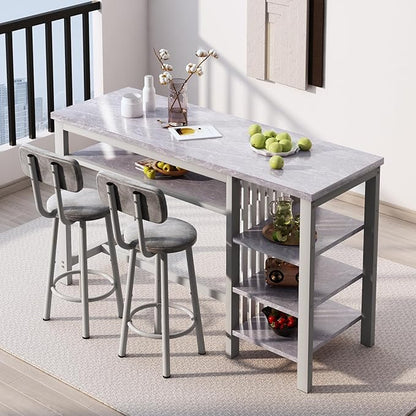 Lamerge Furniture Kitchen Bar Height Table and Chairs for 2, 5-Tier Compact Dining Room Table, Gray Top and 2 PU Leather Upholstered Seat Black Frame, Modern Dining Set for Home & Office