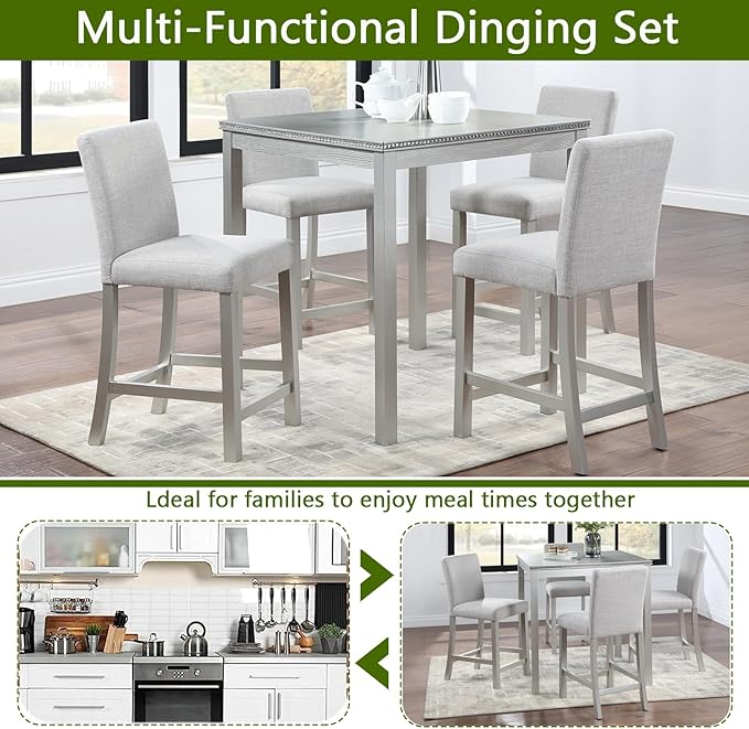 5 Piece Counter Height Dining Table Set for 4, Elegant Wooden Kitchen Table and 4 Upholstered Chairs with Crystal Decoration, Square Dining Table Set for Kitchen and Dining Room, Silver Grey