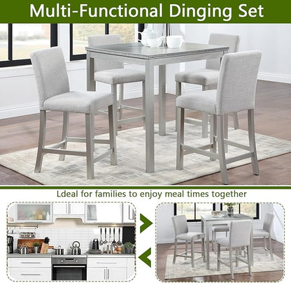 5 Piece Counter Height Dining Table Set for 4, Elegant Wooden Kitchen Table and 4 Upholstered Chairs with Crystal Decoration, Square Dining Table Set for Kitchen and Dining Room, Silver Grey